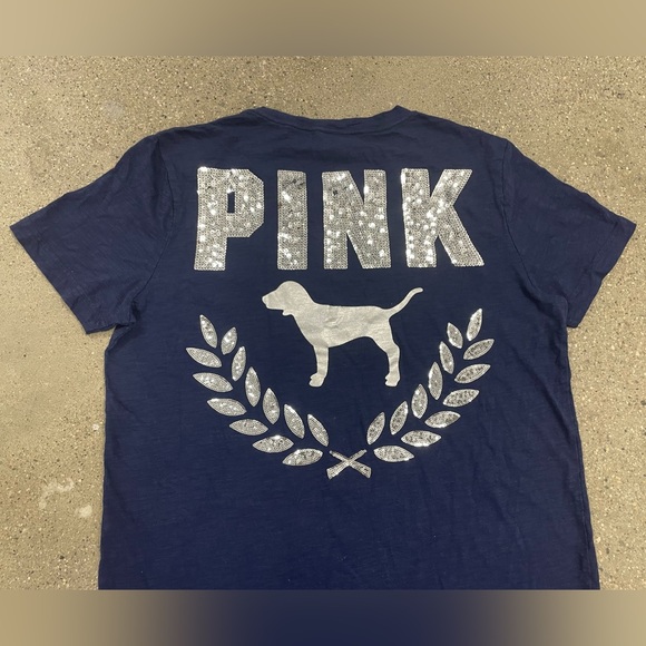 Navy Victoria's Secret PINK Sequin Shine Campus Short Sleeve Tee size Medium - Picture 3 of 8